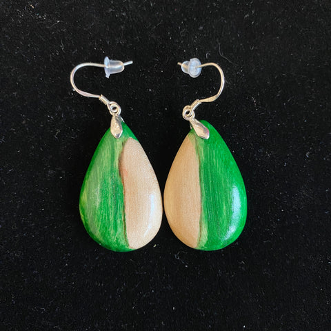 Green stained driftwood earrings